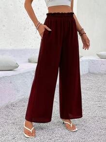 SHEIN LUNE Women's Solid Color Ruffle Pocket Wide Leg Casual Pants Fall Cloth For Women - Burgundy - View 5