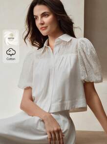 Anewsta 女式短款蕾丝拼布衬衫，休闲优雅，适合春夏季 - 白色 - 查看 1