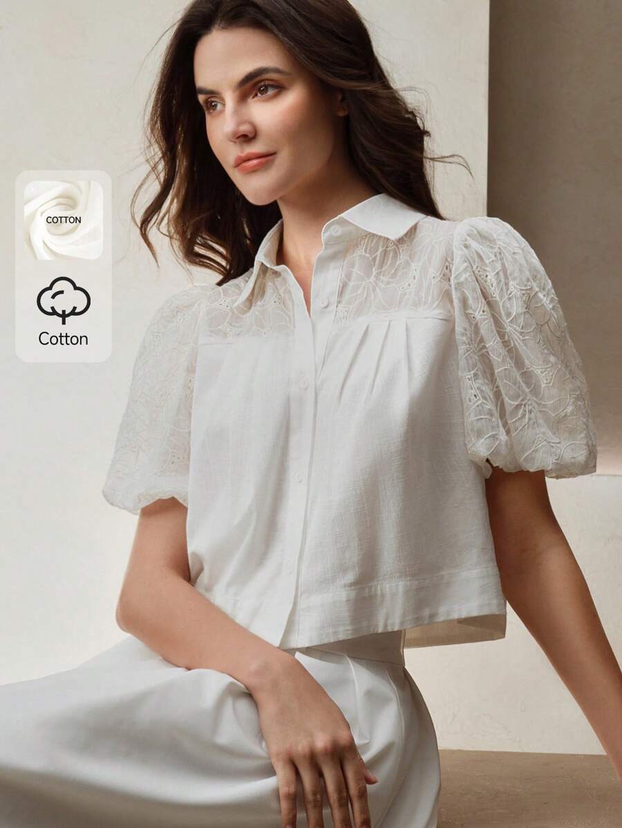 Anewsta 女式短款蕾丝拼布衬衫，休闲优雅，适合春夏季 - 白色 - 查看 1