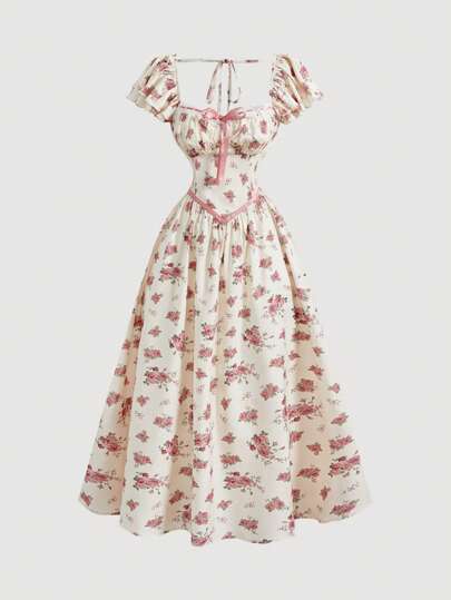 SHEIN MOD Women Floral Print Cap Sleeve Mid-Length Dress,Prom Dress,Floral Dress Women,Dresses For Women Elegant,Summer Dress