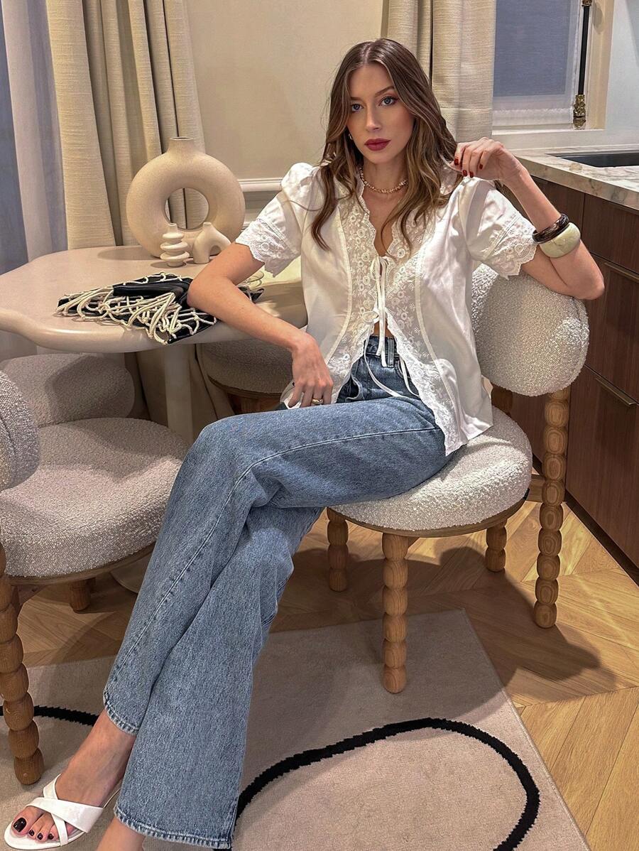 Pariaura 白色刺绣蕾丝拼接前系带浪漫优雅女式短袖衬衫