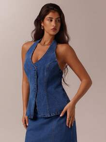 SHEIN Forever 21 Spring&Summer Women Romantic/Prom/Formal/Birthday/90s /Business Casual/Elegant/Western Wear/Going Out/Fashion/Casual/Y2k/Club/Office /Cocktail/Vintage/Bodycon/Rave/Funny/Classy/Old Money/Streetwear/Vacation/Country Concert/Work/Modest/Spring Break/Bachelorette/Concert/Baddie/Basic/Graduation/Blue Washed/Cowgirl/Front Button/Cowl Neck/ Backless Denim Blouse,Top - Blue - View 6