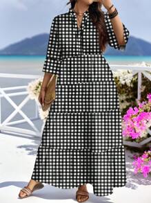 SHEIN LUNE 休闲优雅黑白格子印花大码连衣裙，适合春夏季 - 黑與白 - 查看 7