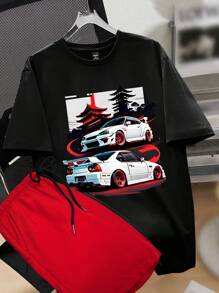Manfinity Joysei 2pcs/Set Regular Fit Men's Black Top And Red Shorts, With Racing Car Graphic - Multicolor - View 1