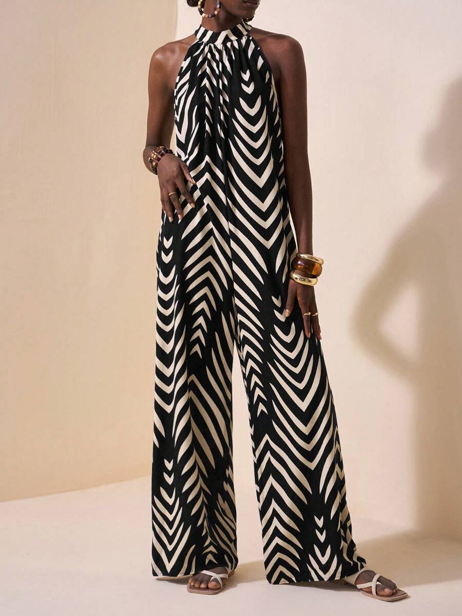 Slaydiva New Spring And Summer Casual Vacation Daily Commuting Halterneck Round Neck Sleeveless Ultra-Loose Wide-Leg Extra-Long Pants Navy Blue White Striped Women's Jumpsuit