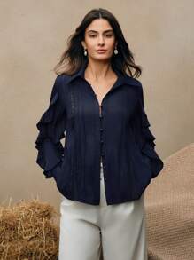 Anewsta 春季纯色长袖梭织常规休闲衬衫，商务休闲，度假 - 藏蓝色 - 查看 5