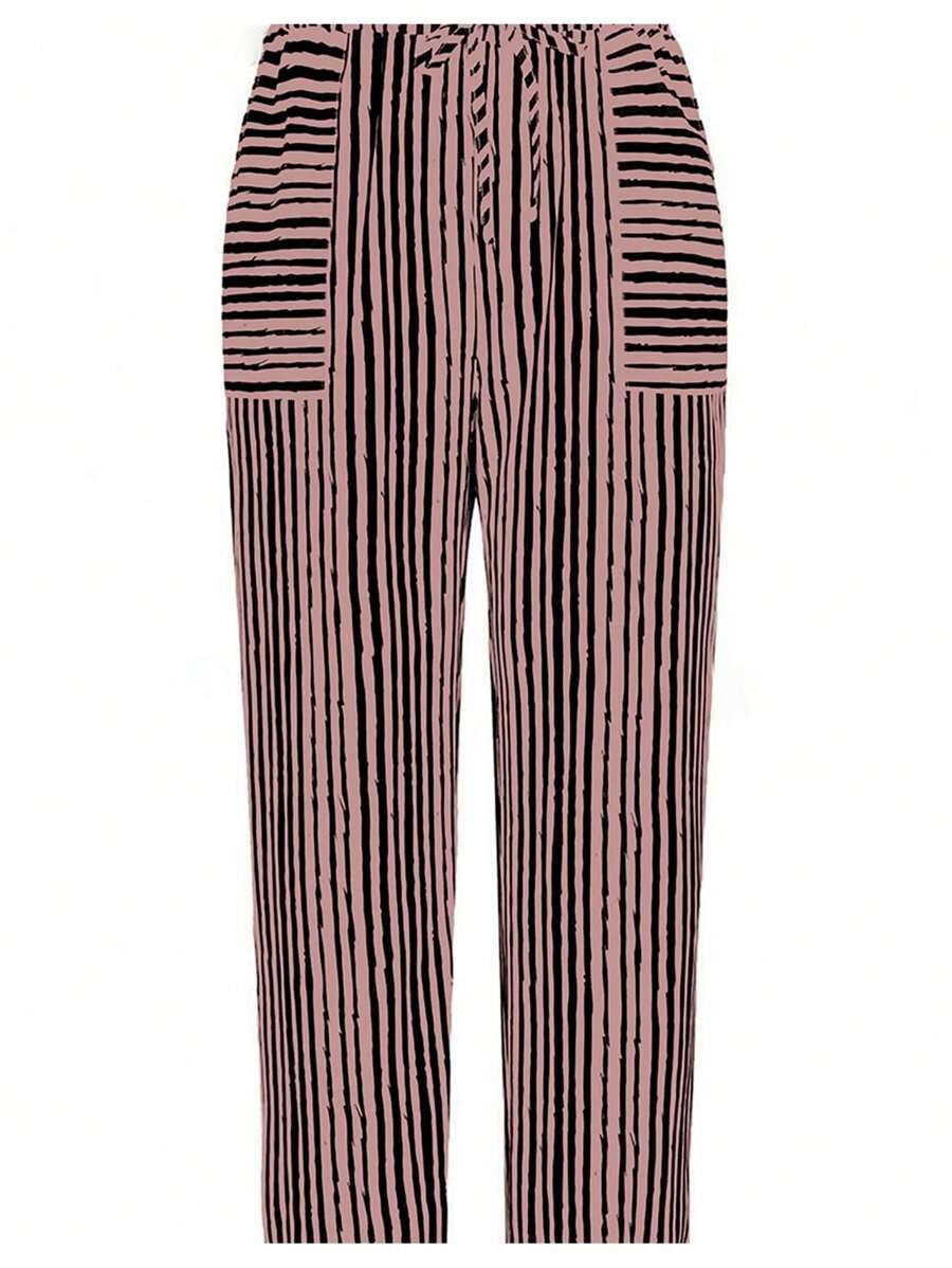 SHEIN LUNE Pantalones rectos informales de diseño de rayas con cordón y bolsillo en talla grande - Rosa vieja - Ver 1