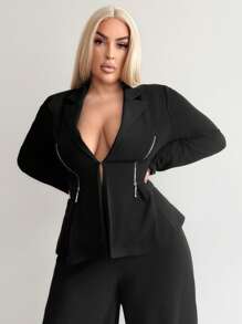 SHEIN SXY 加大码女式性感深 V 领褶皱拉链腰垫肩部 Siren 办公室时尚西装外套，适合日常穿着、通勤、商务、狂欢派对、海滩度假、约会之夜、生日、单身派对、俱乐部、休闲、购物、街头装、外出、增强身材、修饰体形、收腹 - 黑色 - 查看 5