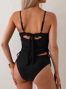 Swim Lushoire Women Summer Shell Decor Twist Back Drawstring Top And High Waist Bikini Bottom 2 Pieces Beachwear Outfit