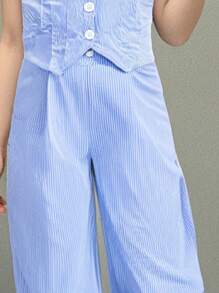 SHEIN Leap Crew 2pcs Tween Girls Casual & Comfortable V-Neck Sleeveless Top & Pants Set - Blue - View 3