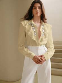 Anewsta Blusa elegante de mujer con cuello de volantes decorado con rhinestones para Navidad, primavera y verano - Amarillo - Ver 5