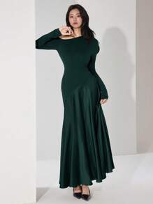 Heiryn Women's Extra Long Dress, Solid Color Oblique Shoulder Long Sleeve, Simple & Fashionable, Suitable For Summer - Dark Green - View 4