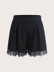 Ellevyn Curvy Plus Size Women's Black Simple Solid Color Casual Shorts With Lace Decoration For Summer,Shorts,Shorts For Women,Summer Shorts,High Waisted Shorts,High Waisted Shorts,Summer Outfits For Women,Vacation Outfits Woman,Summer Clothes,Business Casual Woman,Going Out ,Office Outfits For Women,Work Clothes Women,Old Money Style Women,Going Out Outfits - Black - View 3