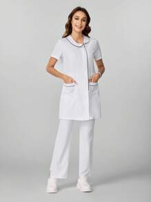Scrubzie White Lab Coat Plain Color Patchwork Short Sleeve Top And Long Pants Nursing Uniform Set Women Scrubs For Women Women Scrub Sets Nurse Scrub Sets Women Scrub Sets For Women Essential Jogger Scrub Set Nursing Uniform Stretch V-Neck Top & Drawstring Cargo Pants Notch V-Neck Tuck In Top & Drawstring Straight Leg Pants - White - View 7