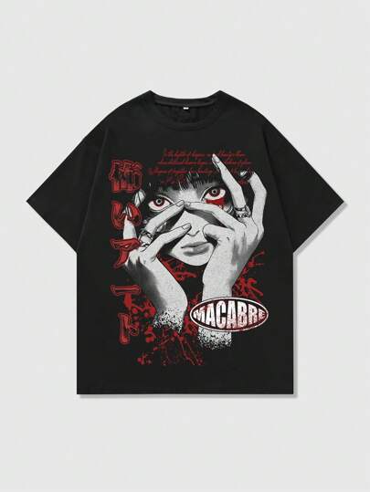 Men's Anime Cartoon Character Letter Print Round Neck Short Sleeve Casual T-Shirt