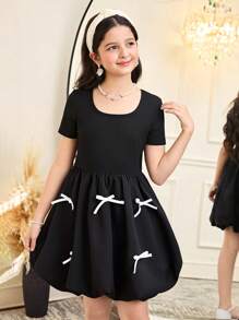 Tween Girls Fitted Casual Contrast Color Bow Decor Short Sleeve Flare Dress - Black and White - View 5