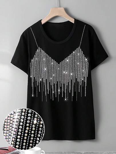 SHEIN Rhinestone Embellished Round Neck Regular Fit Women Short Sleeve Casual T-Shirt