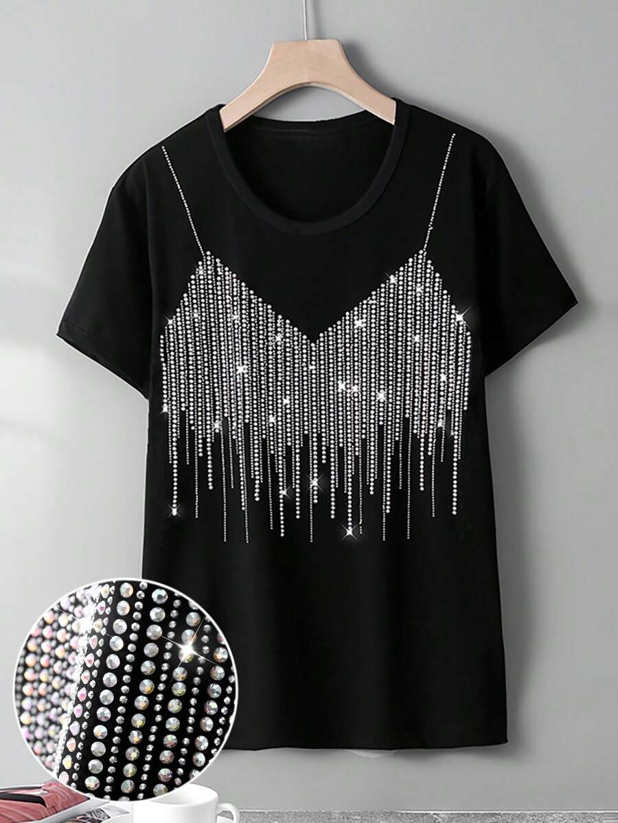 SHEIN Camiseta casual de manga corta para mujer de corte regular con cuello redondo y adornos de strass - Negro - Ver 1