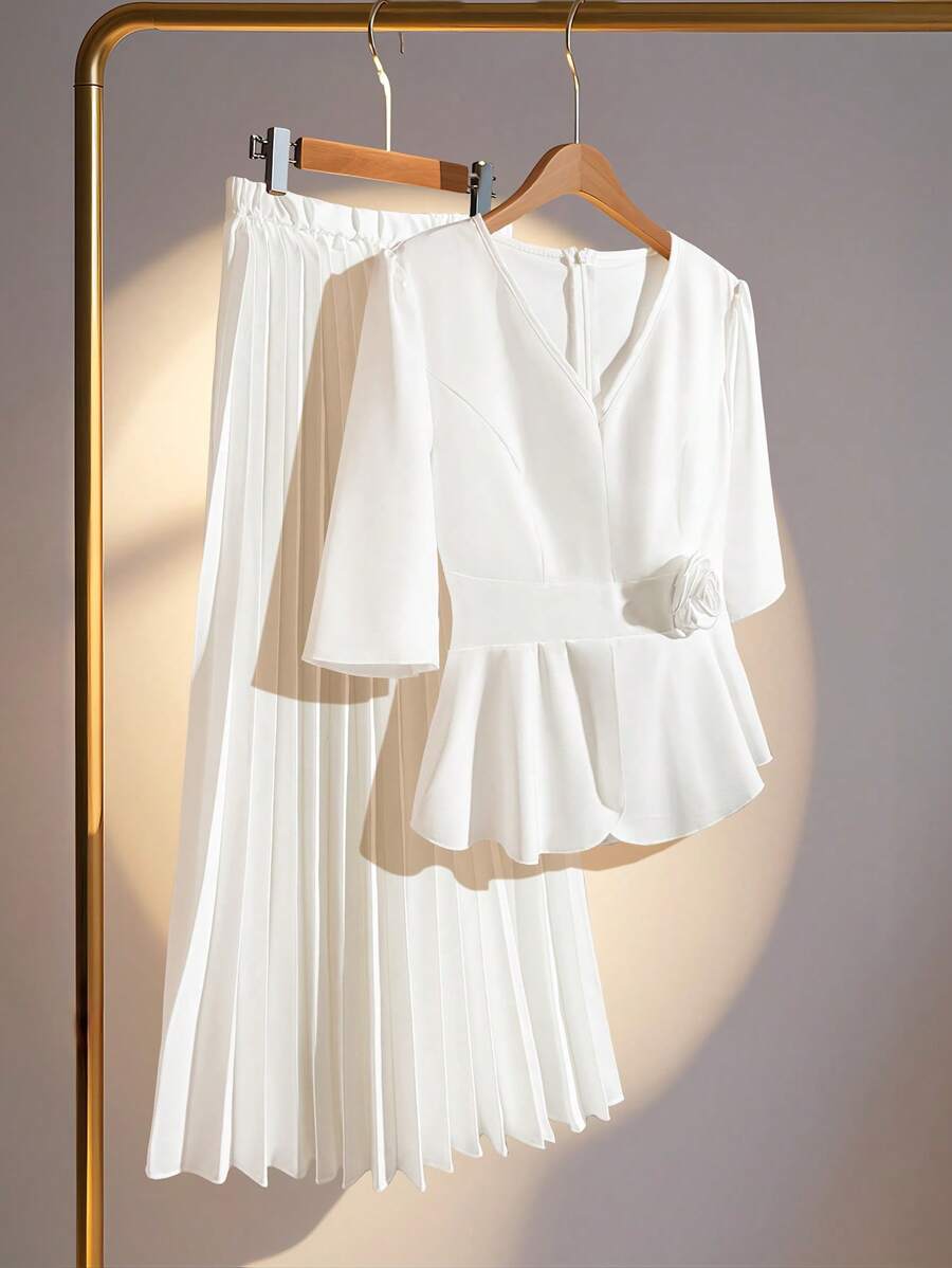 SHEIN Clasi Women 3/4 Sleeve Solid Color 3D Floral Decor Blouse & Pleated A-Line Midi Skirt Elegant Casual Vacation 2 Pieces Set