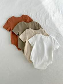 Loomiva 4pcs Baby Boy Solid Color Soft Knit Crew Neck Short Sleeve Set - Multicolor - View 2