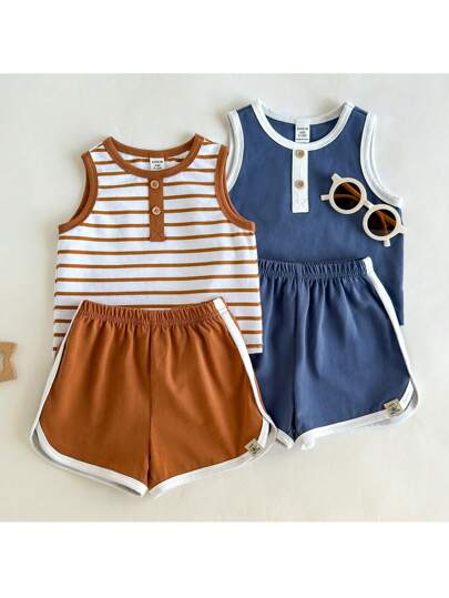 Loomiva 4件套男婴撞色针织柔软圆领无袖半拉链上衣和松紧腰短裤套装