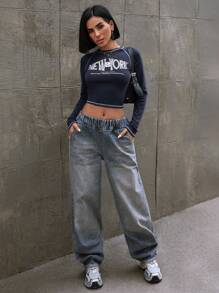 EURMUSE HIGH RISE BAGGY JEAN WITH ELASTIC BELT Women Clothing Jeans Baggy Jeans Women Women Baggy Jeans Women Jeans Baggy Low Rise Jeans Baggy - Medium Wash - View 5