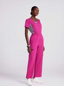 Scrubzie Leopard-Muster V-Ausschnitt mit sechs Taschen Kurzarm Top und Hose / Krankenschwester Uniform Set für Frauen, Krankenschwester Scrubs für Frauen, Krankenschwester Uniform Sets für Frauen, Unentbehrliches Jogger Scrub Set, Pflegeuniform Stretch V-Ausschnitt Top & Kordelzughose, V-Ausschnitt Einstecktop & Kordelzug Straight Leg Hose Frauenset, Krankenschwester Beauty Salon Arbeitskleidung, Klinische Scrubs Set Top und Hose, Spa Arzt Pflege Klinisch Anzug