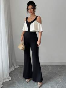 Selianne Bộ đồ liền thân trễ vai viền bèo nhún màu tương phản thanh lịch dành cho nữ - màu đen - Xem 3