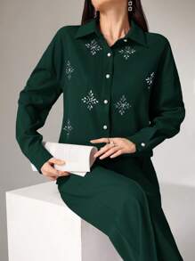 Heiryn 2pcs/Set Women Snowflake Pattern Rhinestone Decor Top And Pants 2 Pieces Set - Dark Green - View 6
