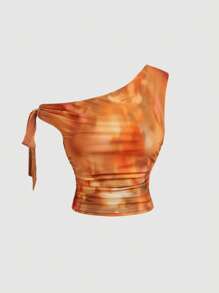 SHEIN MOD Asymmetric Shoulder Floral Van Gogh Painting Blur Flower Print Mesh Romantic Vacation Stretchy Plus Size Camisole Top,Summer Outfits For Women ,Festival Outfits For Women, Beach Outfits For Woman - Multicolor - View 1