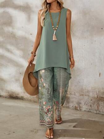 EMERY ROSE Große Größen 2 Teile Set für Damen, ländlicher Lässig Look mit rundem Ausschnitt und ärmellosen Top und langer Hose, grüne Urlaubsdekoration, St. Patrick's Day, Sommerset, Boho Damenmode, Westernwear für Frauen
