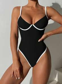 Swim Chiccia Brown Monokini New Solid Soft Cup Underwire High Cut Leg Splice Color Block Swimsuit For Summer Beach Vacation