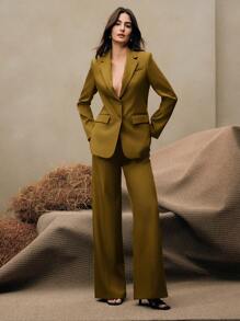 Anewsta Business Casual "Oldmoney" Women 2Pcs Suit Set, Blazer Jacket + Straight Leg Pants, Maillard Color Tone