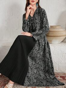SHEIN Lacomfia Loose Arabic Style Dress With Traditional Print Patchwork And Pleated Crafts,Modest - Black - View 5