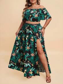 Travachic Kích thước lớn Bản in nhiệt đới Off-shoulder Quần skinny Bộ đồ trên và váy - màu đen - Xem 5