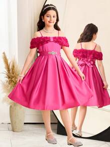 SHEIN Tween Girls 缎面花卉拼布蝴蝶结缀饰腰部连衣裙，紫红色公主风格礼服，适合毕业舞会、生日派对、情人节、花童礼服 - 玫紅色 - 查看 16