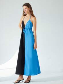 Femmeiva French Style Elegant Lady Summer Vacation Holiday Dress,Seksi Chic Loose Halter Neck Backless Cinched Waist Black & Blue Color Contrast Blackness - Multicolor - View 4