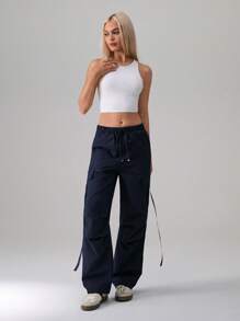 TRNVIE Women's Solid Color Pocket Drawstring Capri/Ankle Length Pants