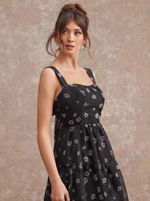 L'Amorae Robe midi élégante fleurie en organza à fines bretelles fluide, tenues d'été pour femmes, robe pour invités de mariage - Multicolore - Voir 2