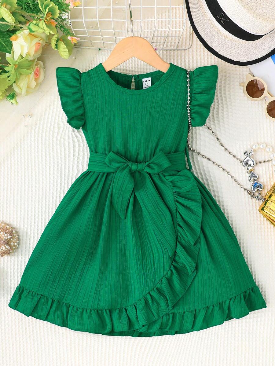 SHEIN Young Girl Comfortable Casual Ruffle Hem Dress With Waist Belt, Summer - Green - View 1