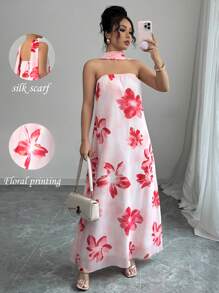 Elenzga Damen Frühlings-/Sommerurlaub Reise Blume Muster Schulterfreies langes Kleid mit Schärpe