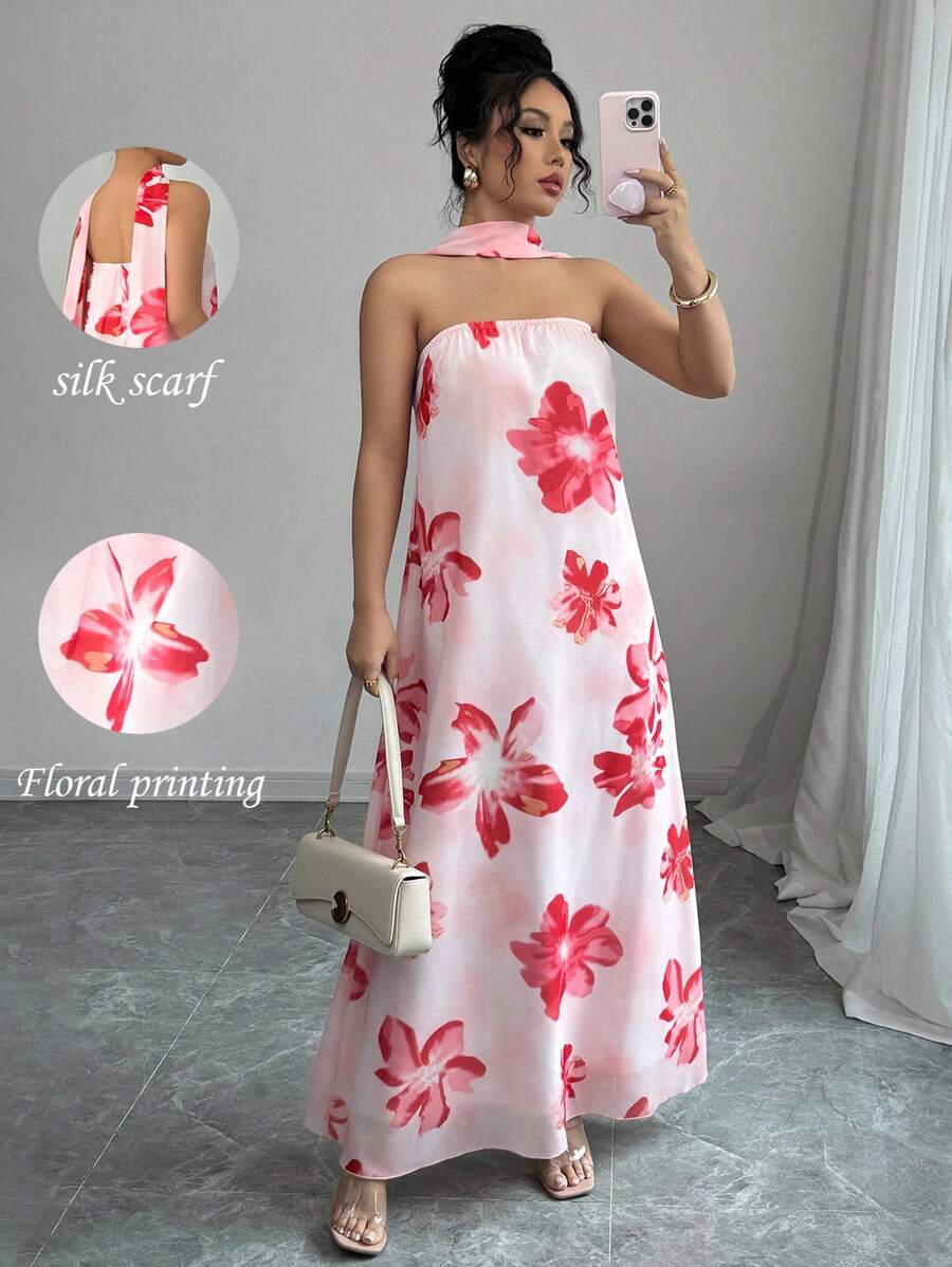 Elenzga 女士春夏度假旅行花朵印花露肩长裙（配腰带） - 彩色 - 查看 1