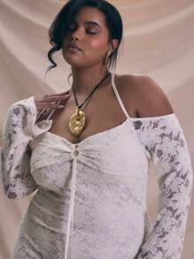 MUSERA Plus Size White Floral Lace Knit Maxi Dress,Elegant Silky Long Sleeve Halter Neck Bridal Wedding Outfit,Autumn Holiday Flowy Bachelorette Hen Do - Cream - View 5