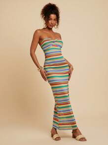 Travachic Damen plissiertes Bandeau-Kleid mit Seitenschlitz und gestreiftem Midi-Saum - Blau - Übersicht 1