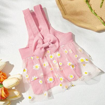PETSIN 1pc Pink Daisy Tulle Skirt With Bowknot Pet Harness Dress, Suitable For Cats And Dogs