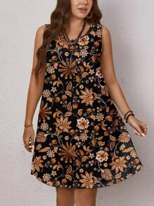 EMERY ROSE 大码女式休闲花卉印花无袖圆领直筒连衣裙，适合夏季 - 棕色 - 查看 7