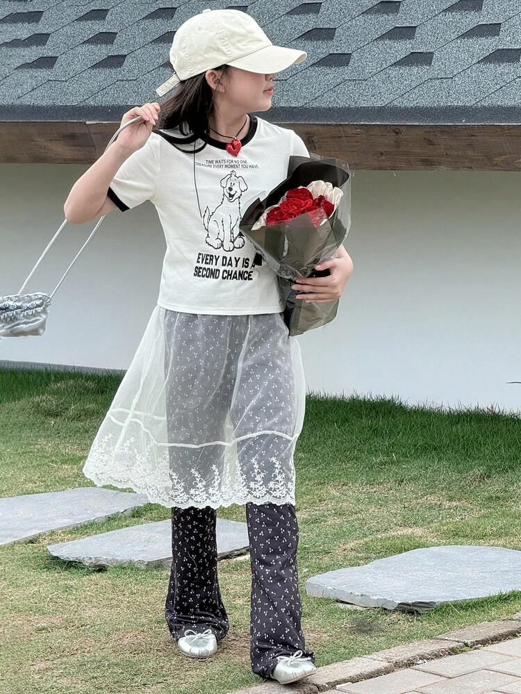 2pcs/Set Tween Girl Crew Neck Knitted Allover Print Short Sleeve T-Shirt + Allover Print Long Pants, Fall Outfit,Back To School Clothes