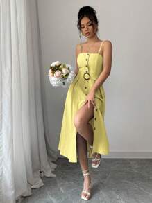 Chiquease Đầm Maxi Cami Thắt Lưng Cài Nút Phía Trước Trang Phục Cho Nữ - Màu vàng - Xem 6