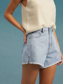WESTFADE High Rise Spring Striped Curved Split Distressed Hem Relaxed Western Denim Jeans Shorts Summer Beach Vacation - Light Wash - View 3