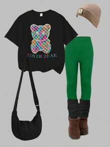 Tween Girl Casual Fashion Creative Colorful Floral & Bear Graphic Print Basic Short Sleeve T-Shirt And Long Pants 2 Pieces Set - Multicolor - View 3